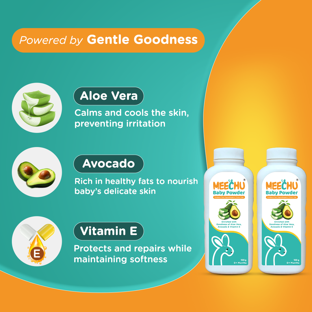 Meechu Baby Powder 100g (Pack of 2) With the Goodness of Aloe Vera & Avocado