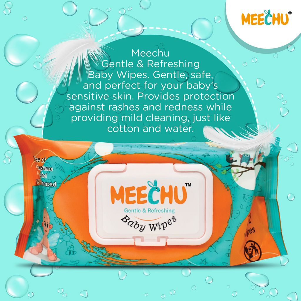 Meechu Baby Wet Wipes, pH Balanced, Mild Fragrance, Alcohol Free, 72pcs - Meechu
