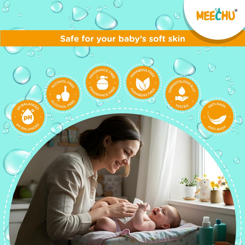 Meechu Baby Wet Wipes, pH Balanced, Mild Fragrance, Alcohol Free, 72pcs