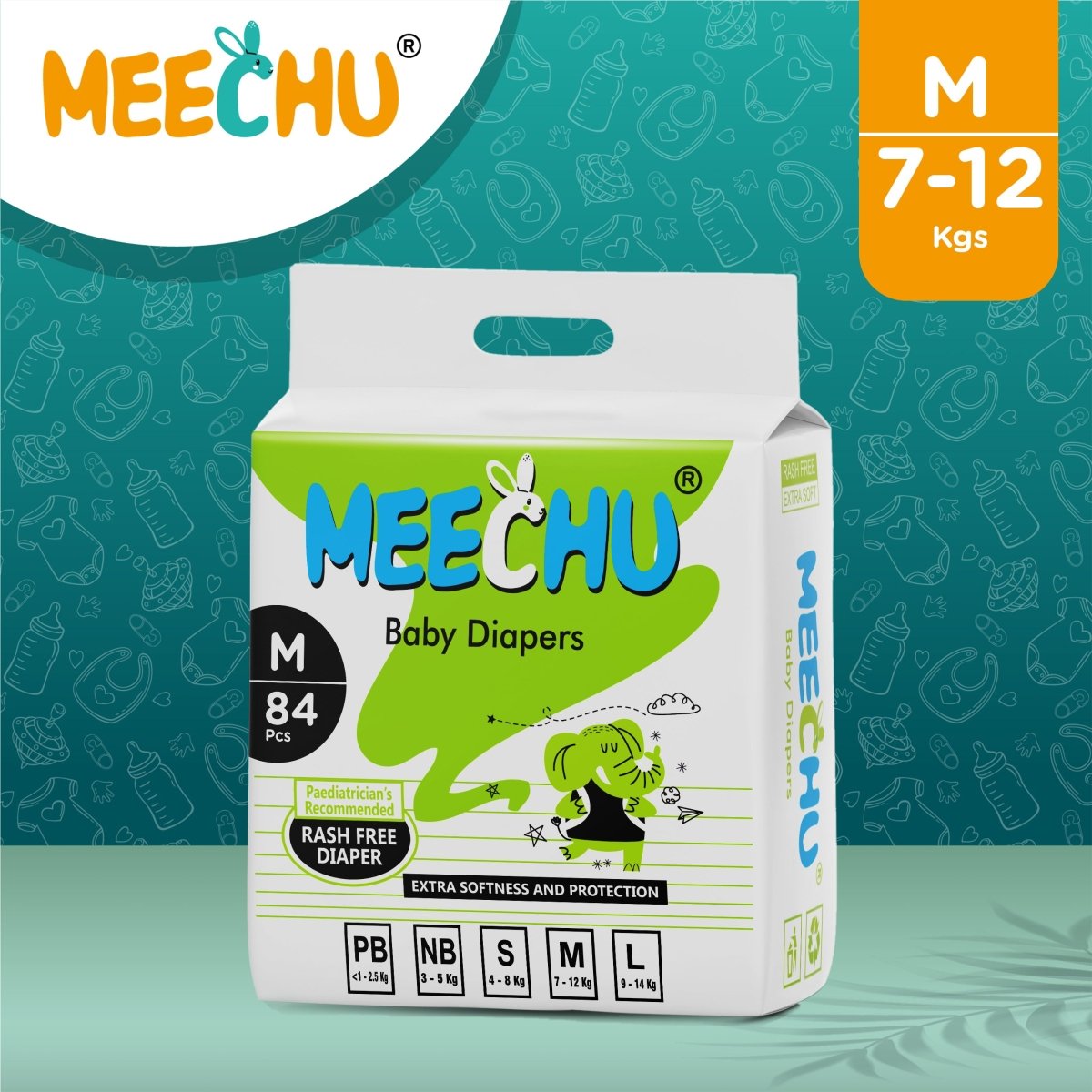 Meechu Medium Baby Diapers(7 - 12kg), Anti - rash| 3D Leak Guard | Magic Grip - Meechu