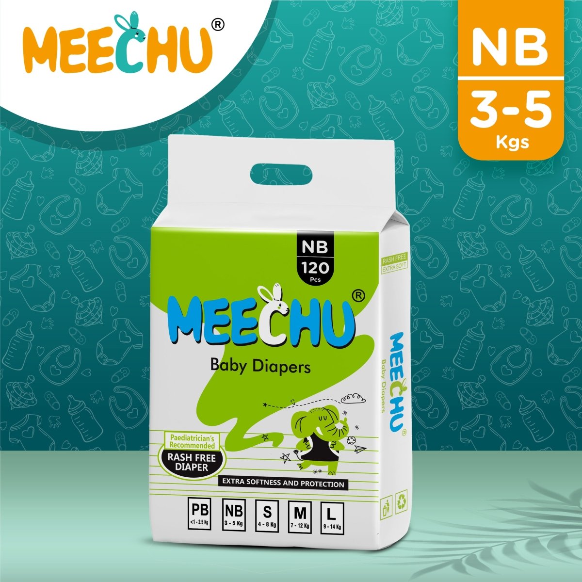 Meechu New Born Baby Diapers (3 - 5 kg)| Anti - rash | 3D Leak Guard | Magic Grip - Meechu