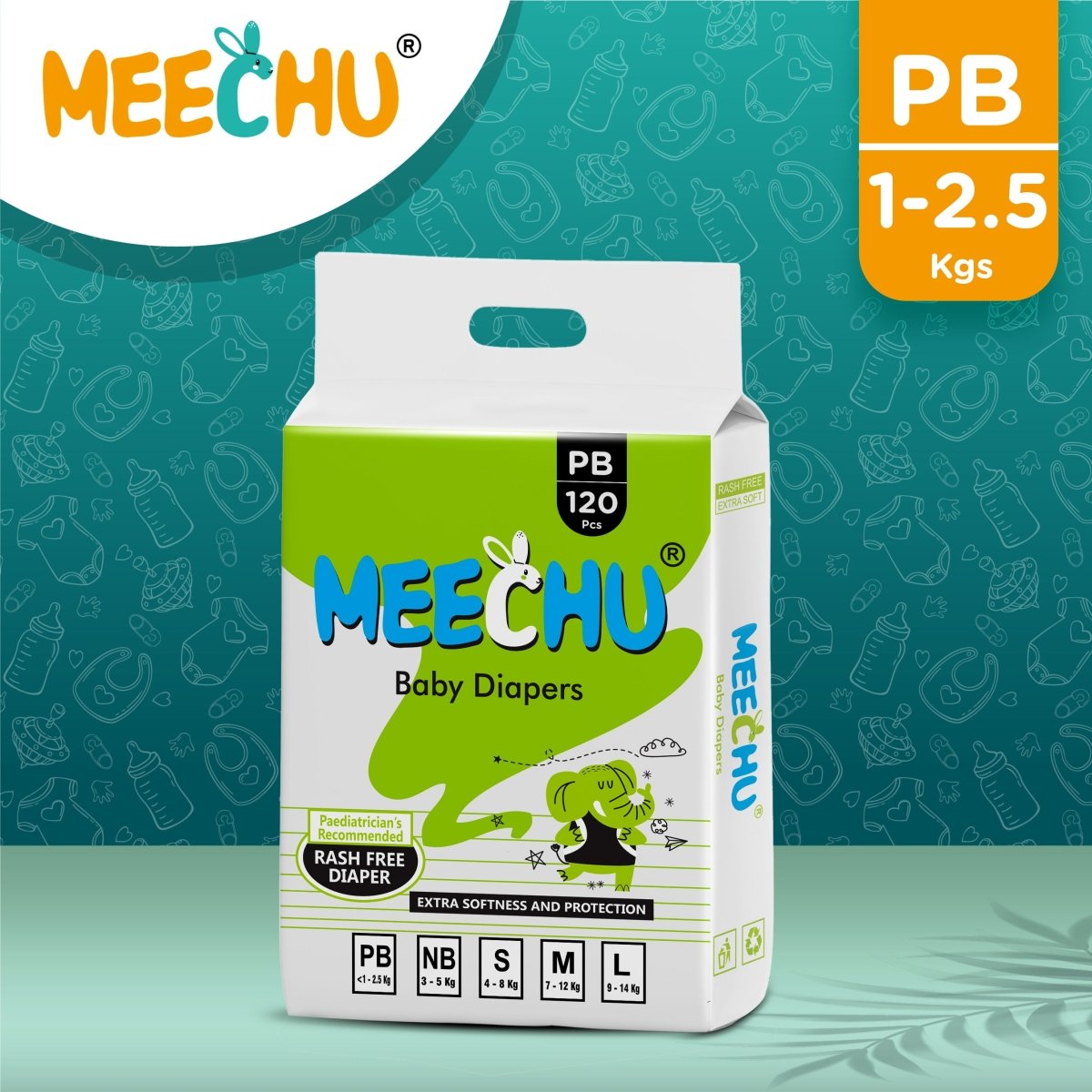 Meechu Premature Baby Diapers(1 - 2.5Kg) | Anti - rash |3D Leak Guard | Magic Grip - Meechu