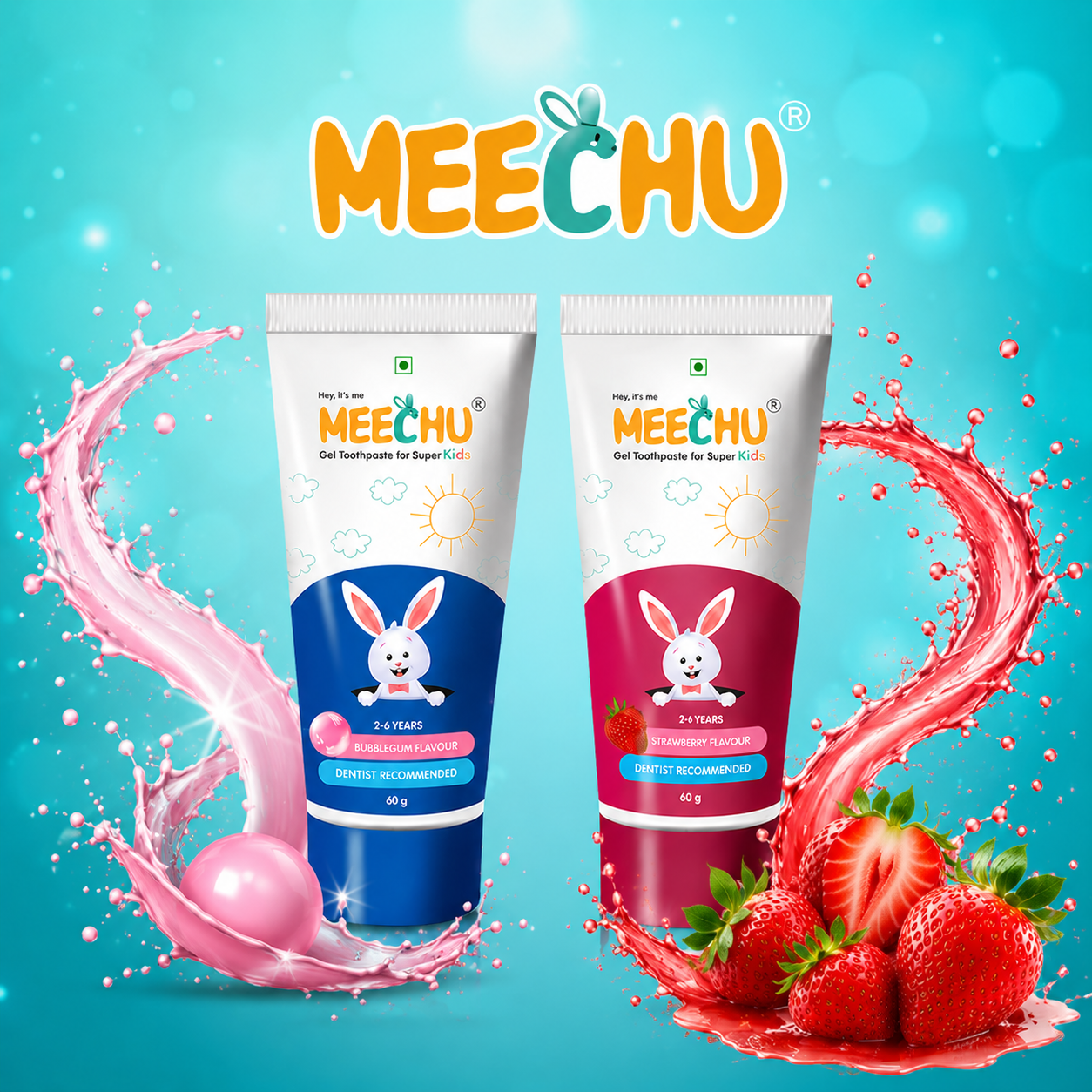 Meechu Kids Toothpaste Combo Pack | Bubblegum + Strawberry Flavour | 80g Each | 550 ppm Fluoride | For Kids Aged 2-6 Years