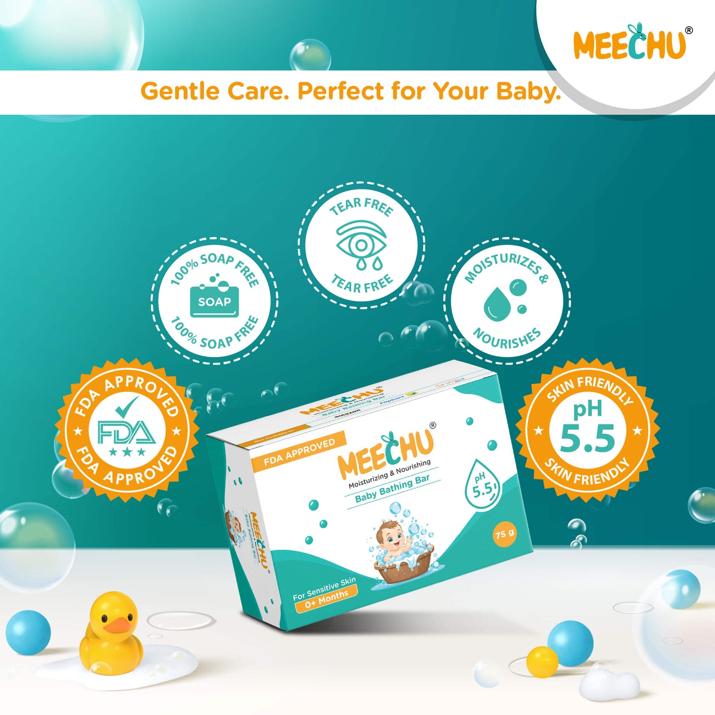 Meechu Nourishing & Moisturising Baby Bathing Bar | pH 5.5, 100% Soap Free | Tear-free, 75g