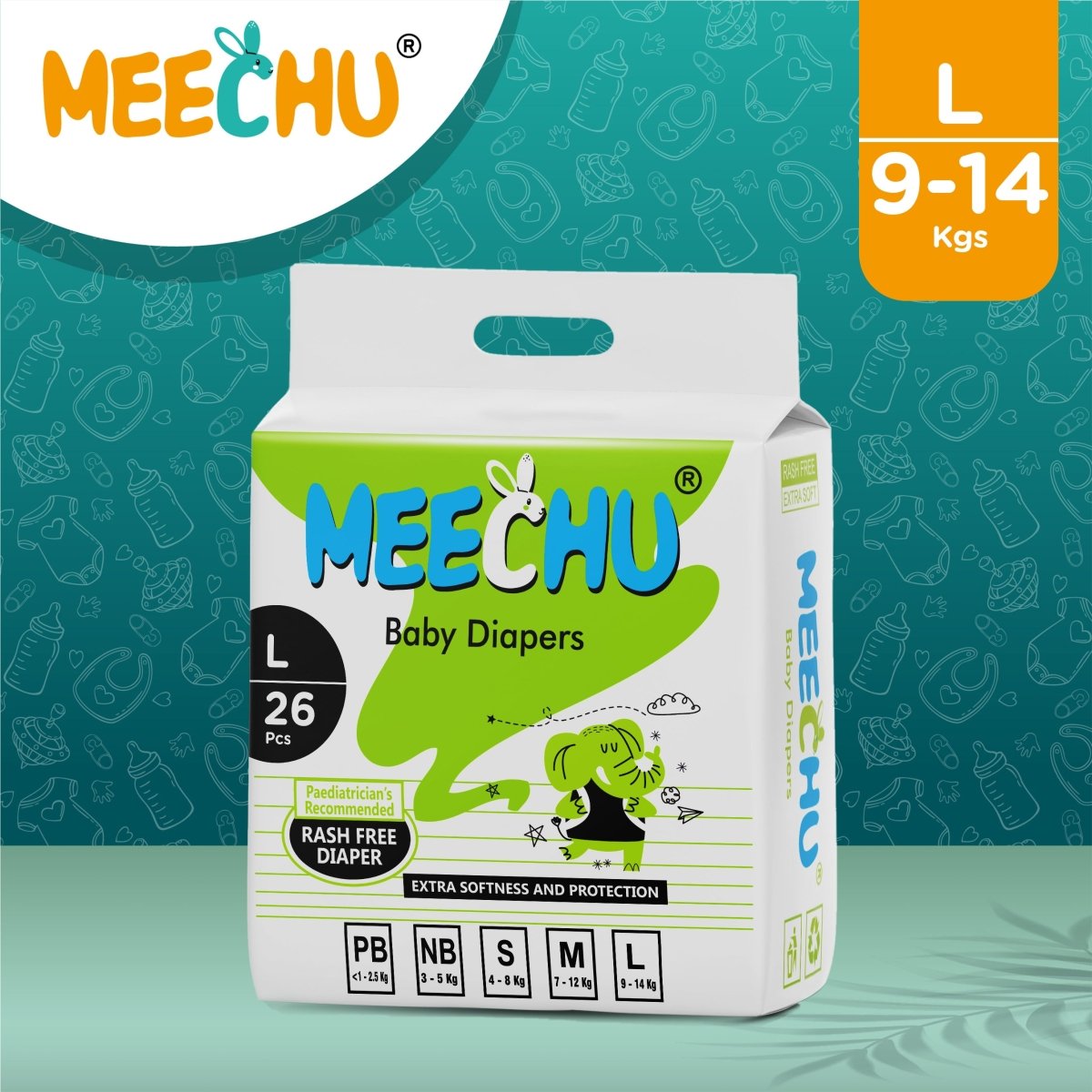 Meechu Large Baby Diapers(9 - 14kg), Anti - rash| 3D Leak Guard | Magic Grip - Meechu