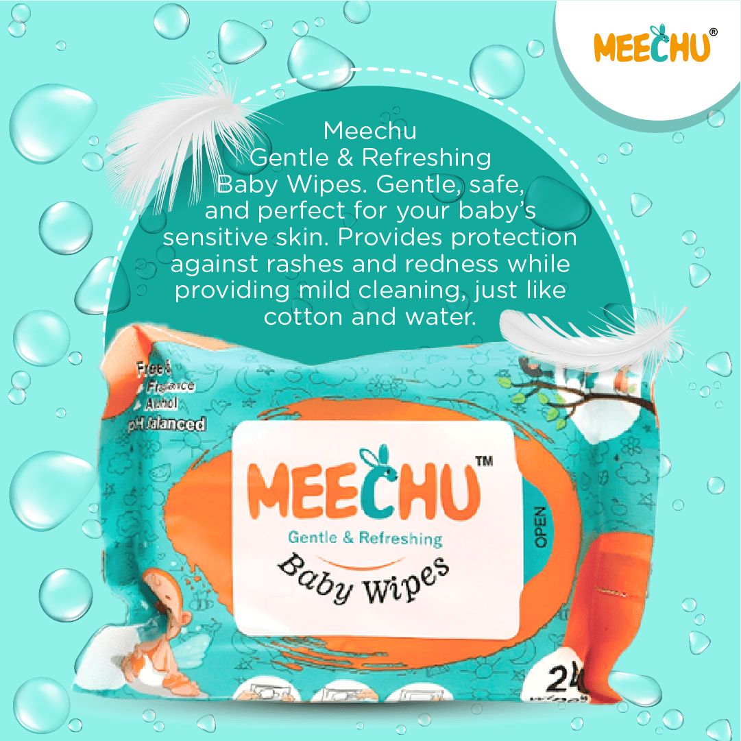 Meechu Baby Wet Wipes, pH Balanced, Mild Fragrance, Alcohol Free, 24pcs - Meechu